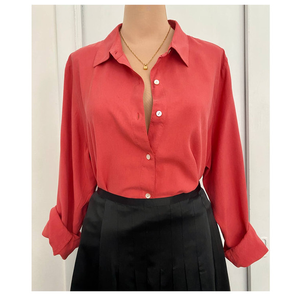 J. Jill 100% Silk Dark Coral Button Down Shirt Large - Picture 1 of 10